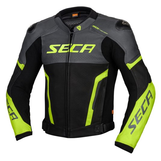 Kožená bunda na motorku SECA Hooligan šedá/žlutá fluo